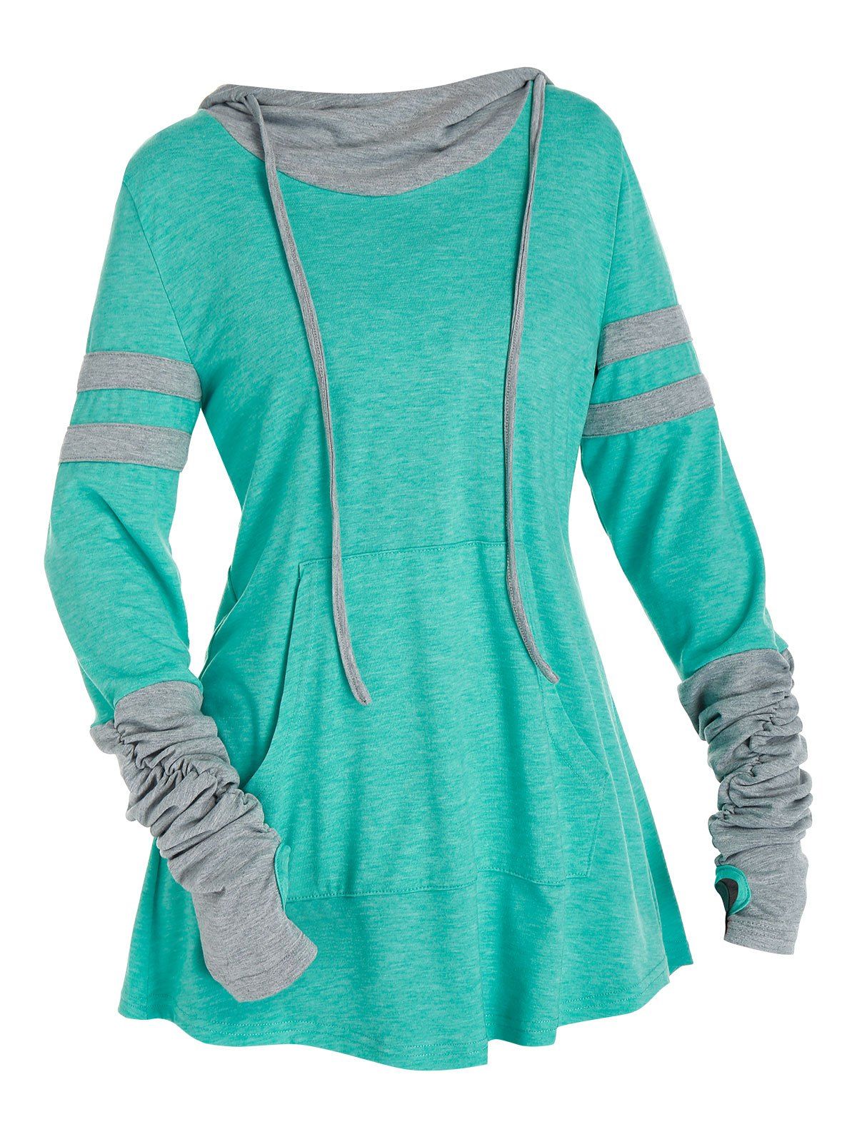 

Hooded Ruched Sleeve Kangaroo Pocket Contrast Heathered T-shirt, Light aquamarine