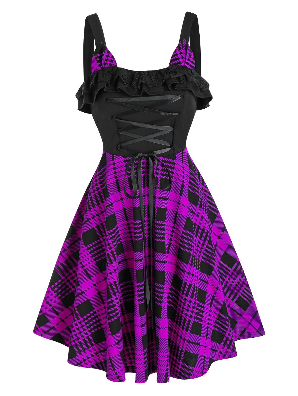 

Plaid Print Lace-up Cat Ear Sleeveless Dress, Purple iris