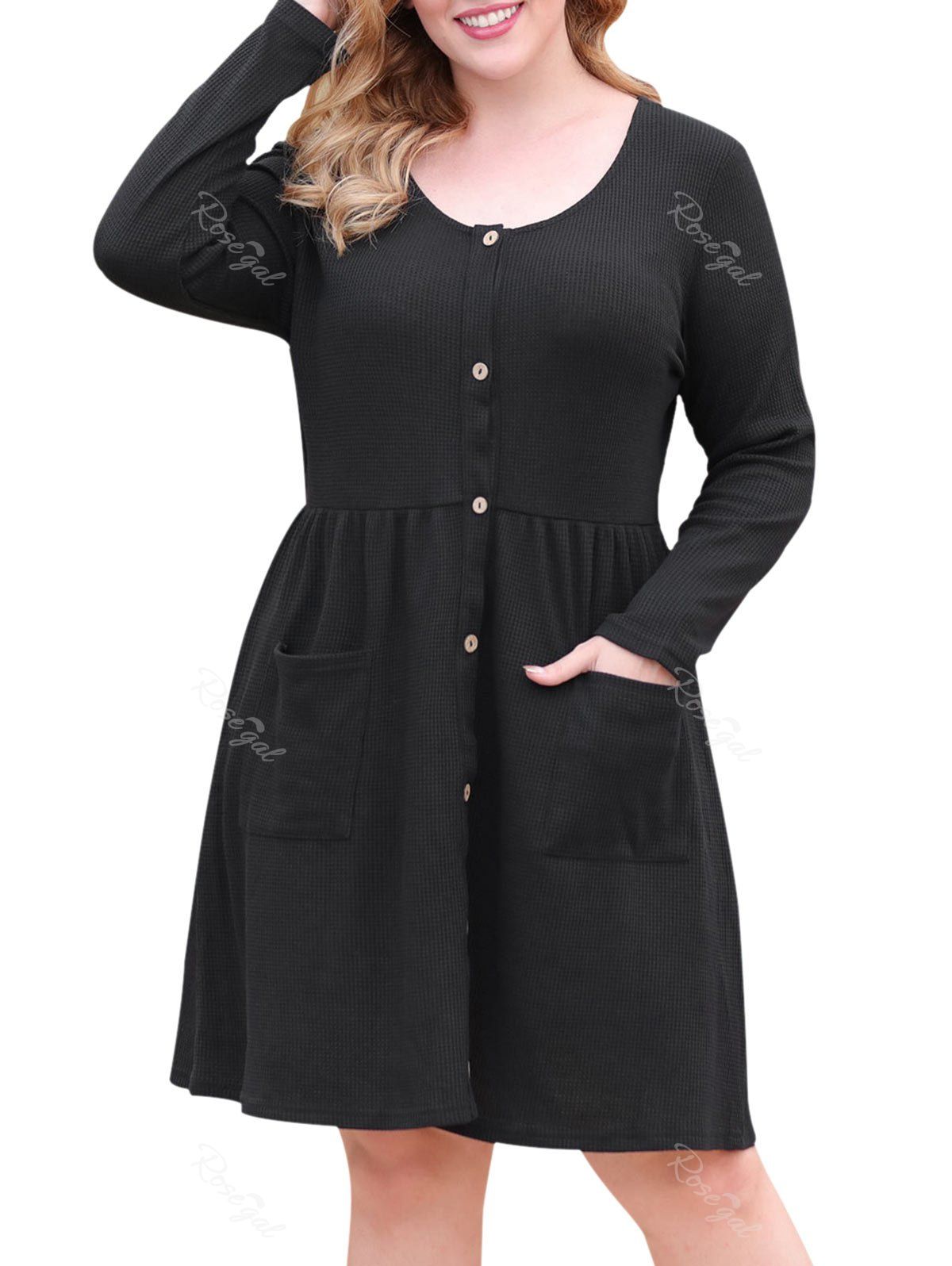 

Textured Button Up Dual Pocket Plus Size Dress, Black