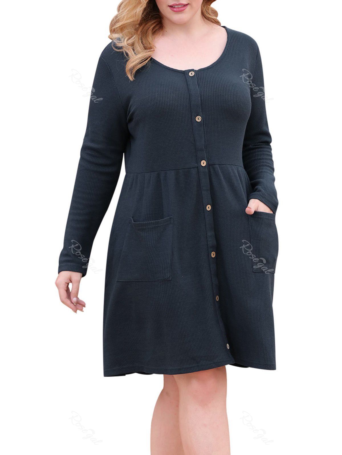 

Textured Button Up Dual Pocket Plus Size Dress, Blue