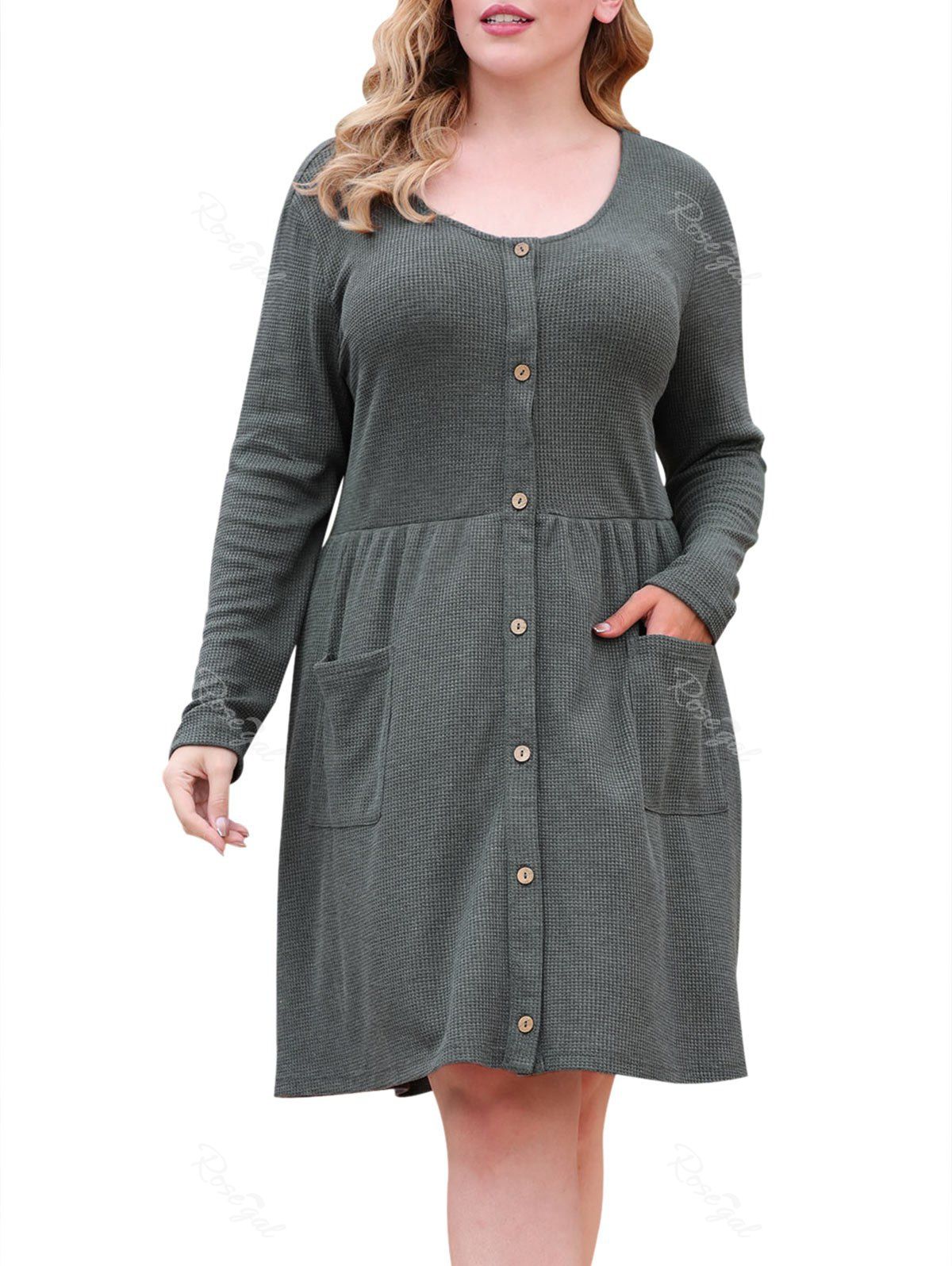 

Textured Button Up Dual Pocket Plus Size Dress, Gray