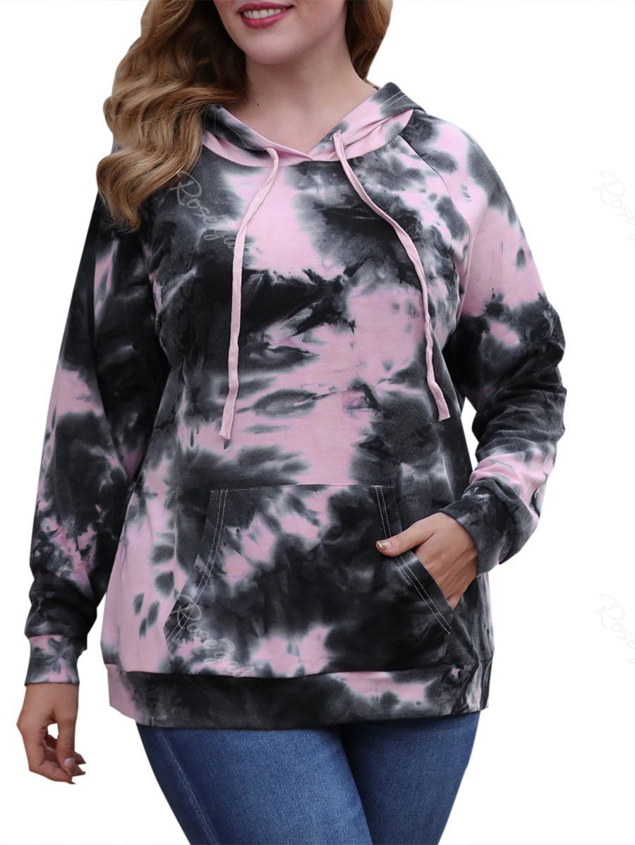 

Raglan Sleeve Tie Dye Front Pocket Plus Size Hoodie, Light pink