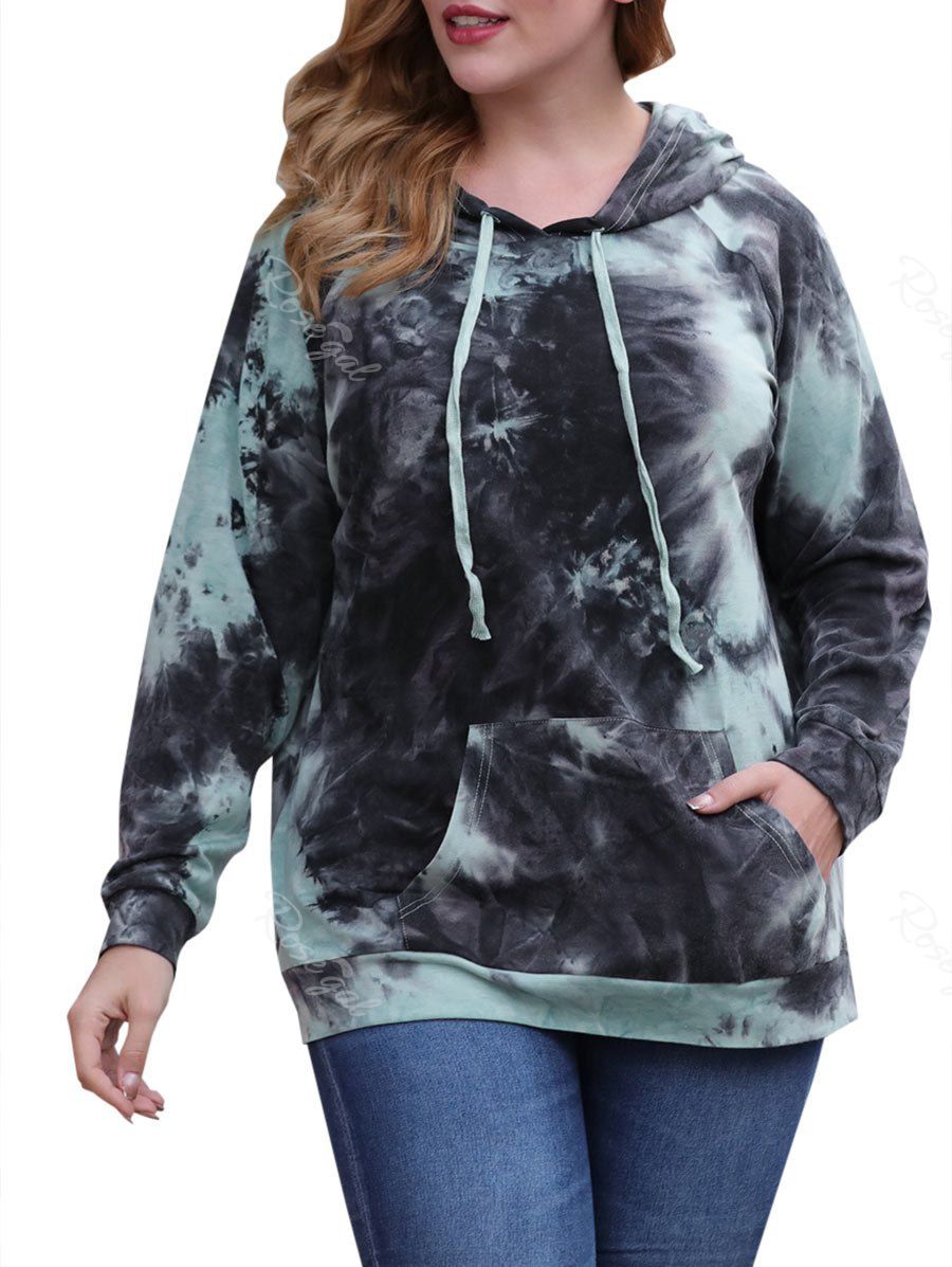 

Raglan Sleeve Tie Dye Front Pocket Plus Size Hoodie, Green