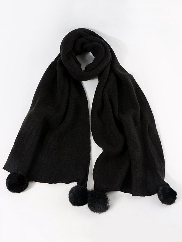 

Faux Cashmere Knitted Pom Pom Scarf, Black