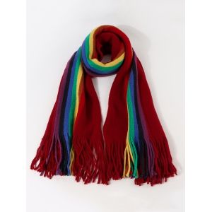 

Stripe Rainbow Color Fringe Knitted Scarf, Red wine