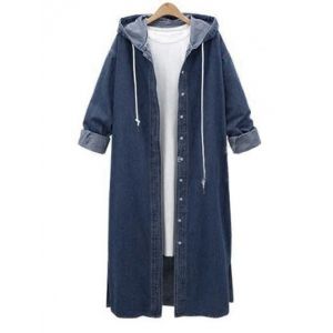 

Plus Size Hooded Denim Long Jacket, Blue