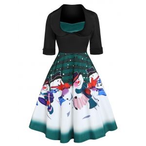 

Christmas Snowman Musical Notes Print Flare Dress, Deep green