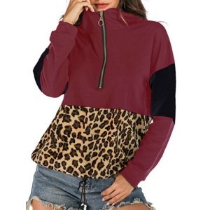 

Leopard Half Zip Drop Shoulder Hoodie, Red wine