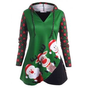 

Snowman Plaid Panel Christmas Plus Size Hoodie, Green