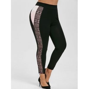 

Contrast Side High Waisted Lace Panel Plus Size Leggings, Black