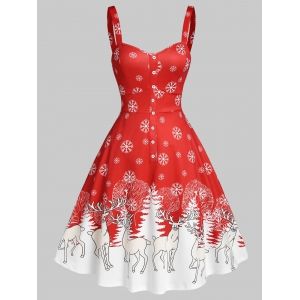 

Christmas Snowflake Elk Print Flare Dress, Red