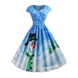 

Plus Size Vintage Christmas Printed Pin Up Dress, Light blue