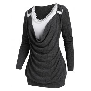 

Cowl Neck Faux Twinset T Shirt, Dark slate grey