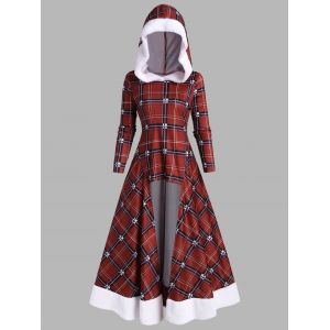 

Christmas Plaid Faux Fur Insert High Low Long Top, Red wine