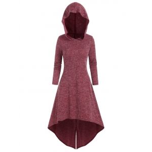 

Hooded High Low Midi Knitted Dress, Red wine