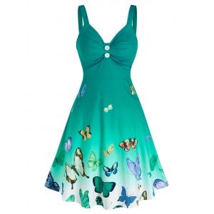 

Ombre Color Butterfly Print Ruched Dress, Light green