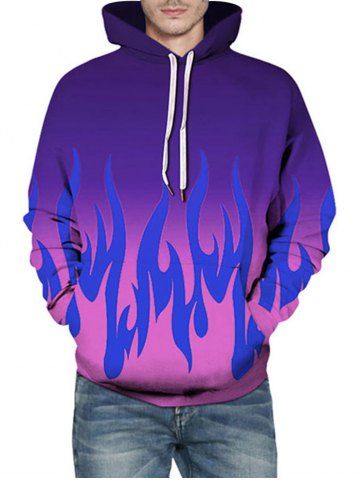 Fire Flame Print Ombre Hoodie - PURPLE - 2XL