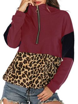 Leopard Half Zip Drop Shoulder Hoodie - RED WINE - XXL