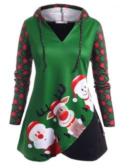 Snowman Plaid Panel Christmas Plus Size Hoodie - GREEN - 5X