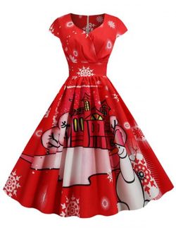 Plus Size Vintage Christmas Printed Pin Up Dress - RED - 4XL