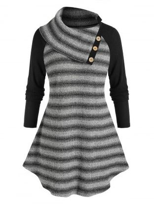 Plus Size Striped Raglan Sleeve Curved Hem Tunic Sweater