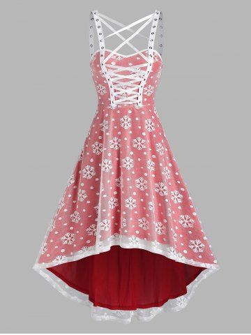 Christmas Snowflake Pattern High Low Sleeveless Lace Dress - RED - L