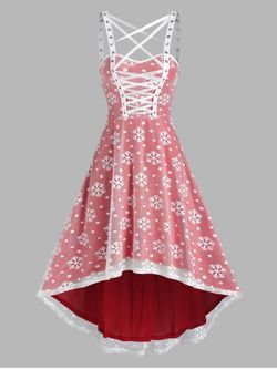 Vestido de encaje patrón de copo de nieve de Alta Baja mangas - RED - 3XL