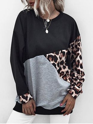 Leopard Insert Colorblock Drop Shoulder Sweatshirt
