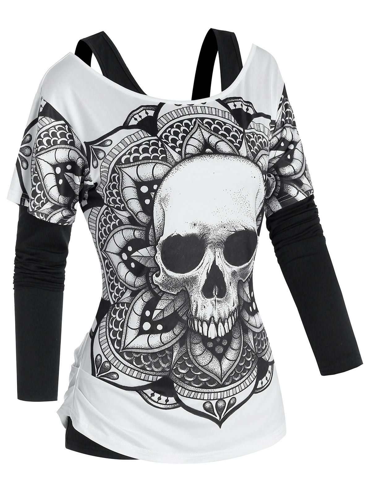 

Halloween Skull Print Short Sleeve Tee and Cold Shoulder Tee Set, Multi