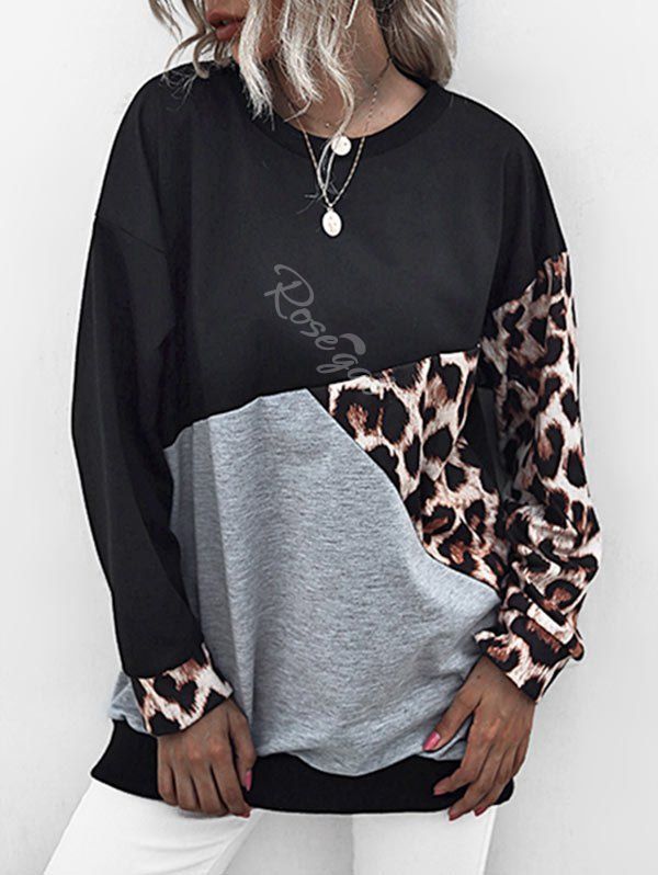

Leopard Insert Colorblock Drop Shoulder Sweatshirt, Black