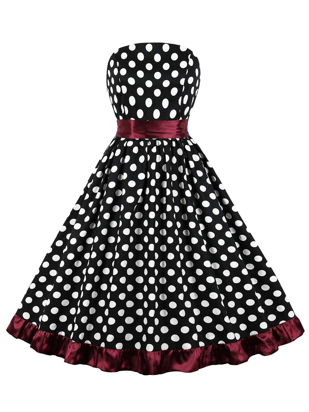 

Polka Dot Belted Strapless Party Dress, Black