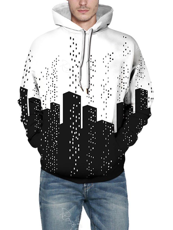 

Abstract City Building Print Pullover Hoodie, White