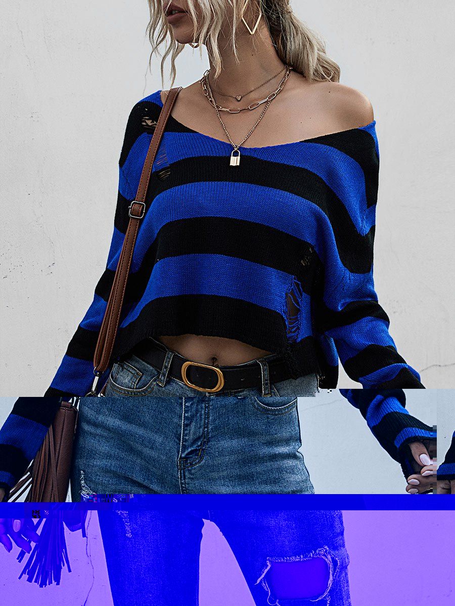 

Striped Ripped Drop Shoulder Sweater, Denim dark blue