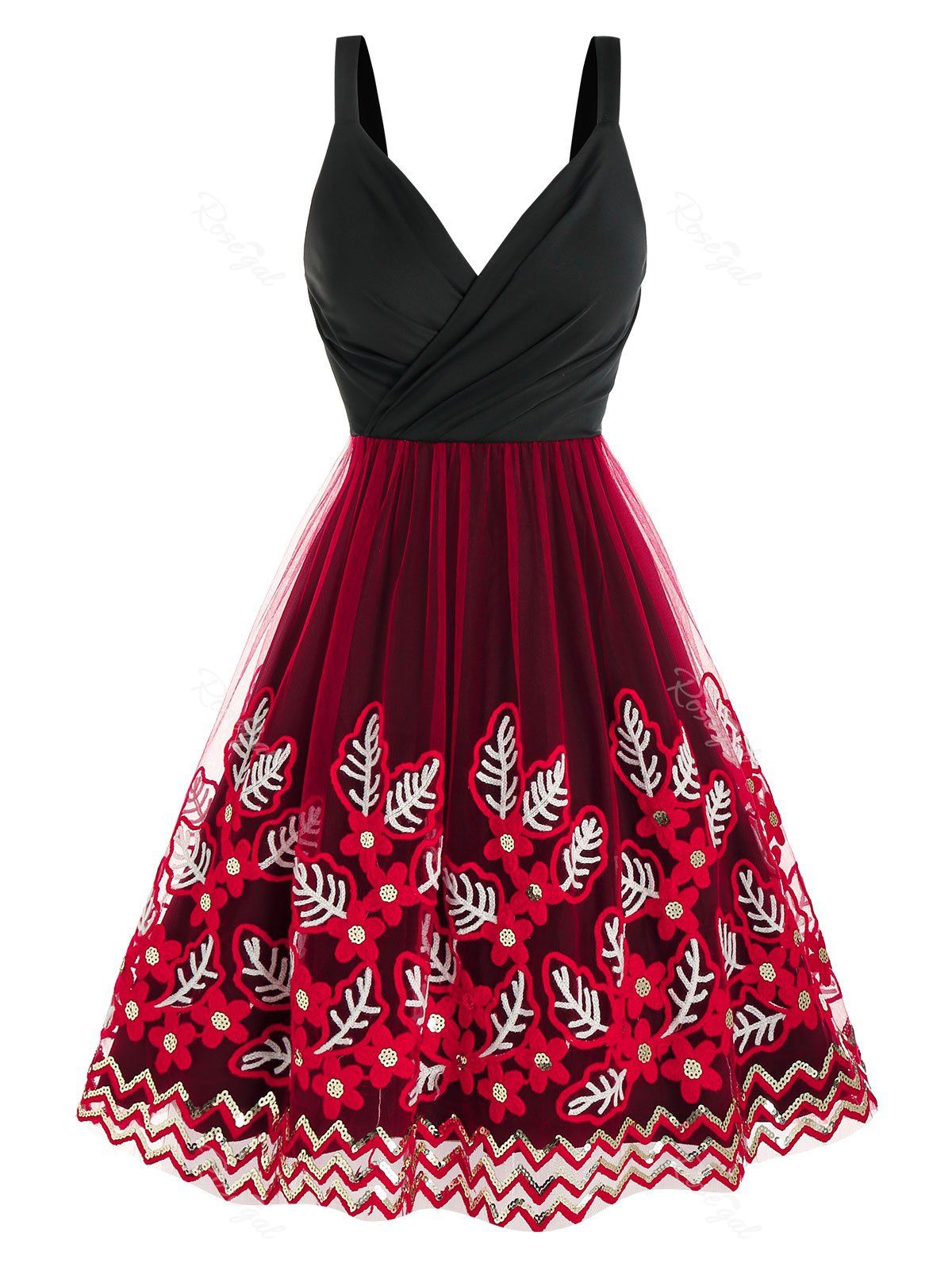 

Leaves Embroidered Mesh Insert Sequin Dress, Black