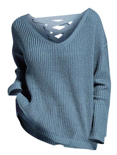 

Drop Shoulder Lace Up V Neck Sweater, Light blue