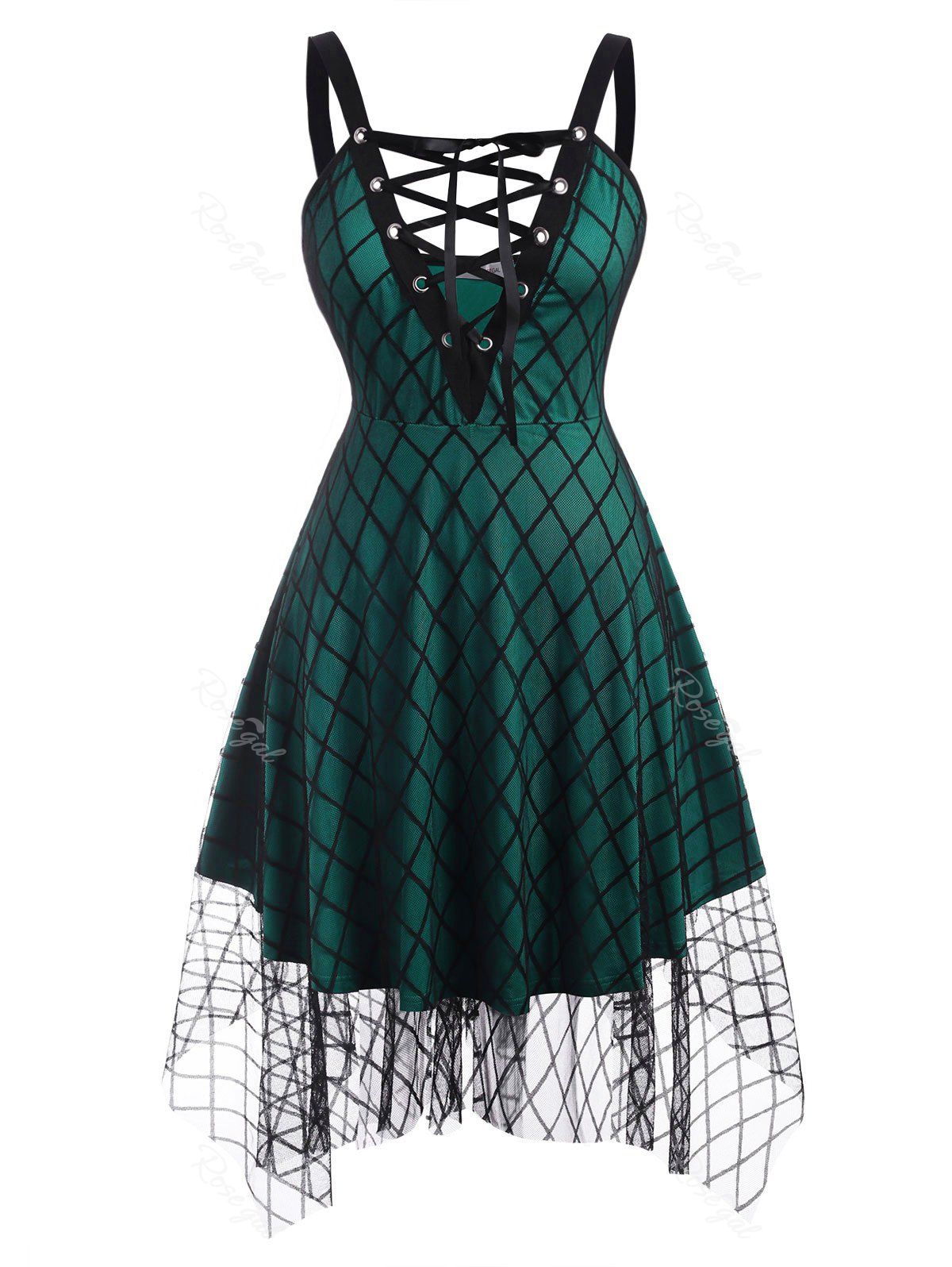 

Plaid Lace Up Mesh Plus Size Dress, Green