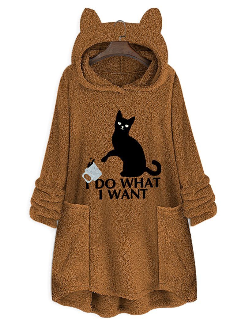 

Plus Size Graphic Faux Fur Plush Hoodie, Coffee