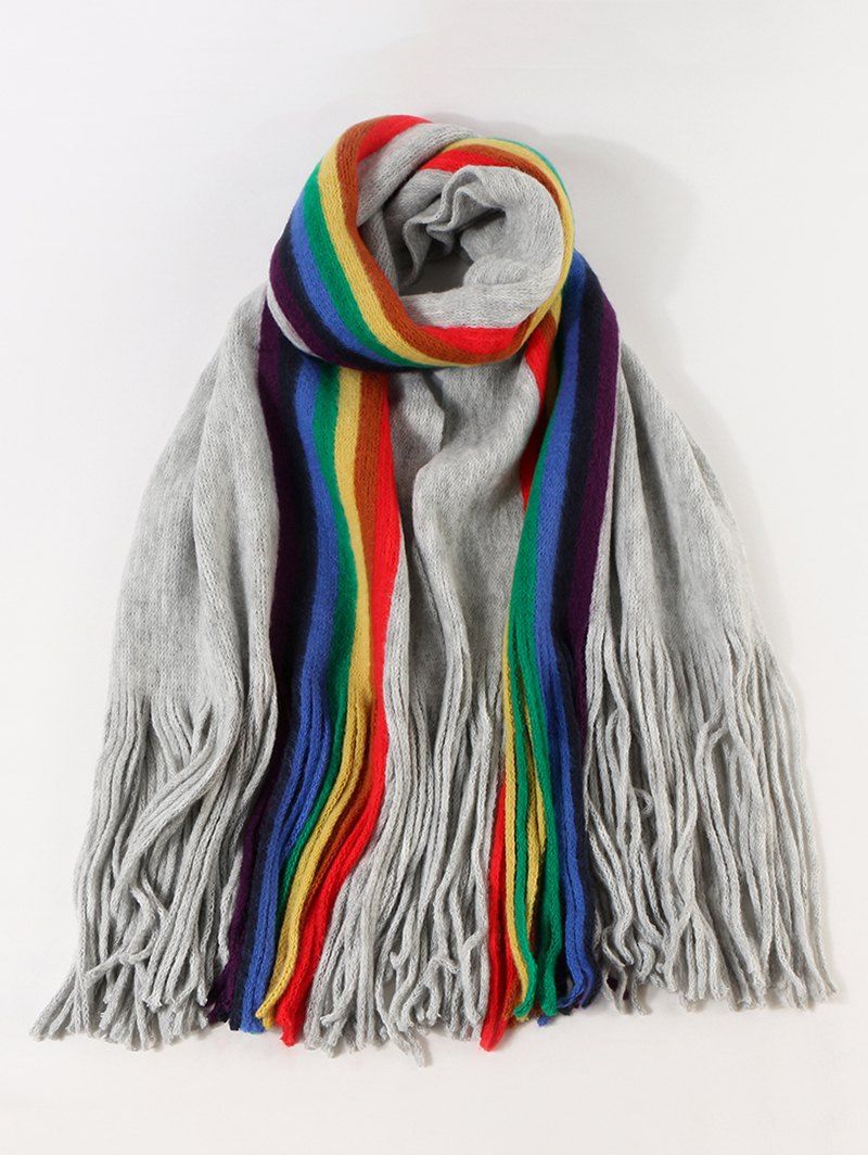 

Stripe Rainbow Color Fringe Knitted Scarf, Light slate gray
