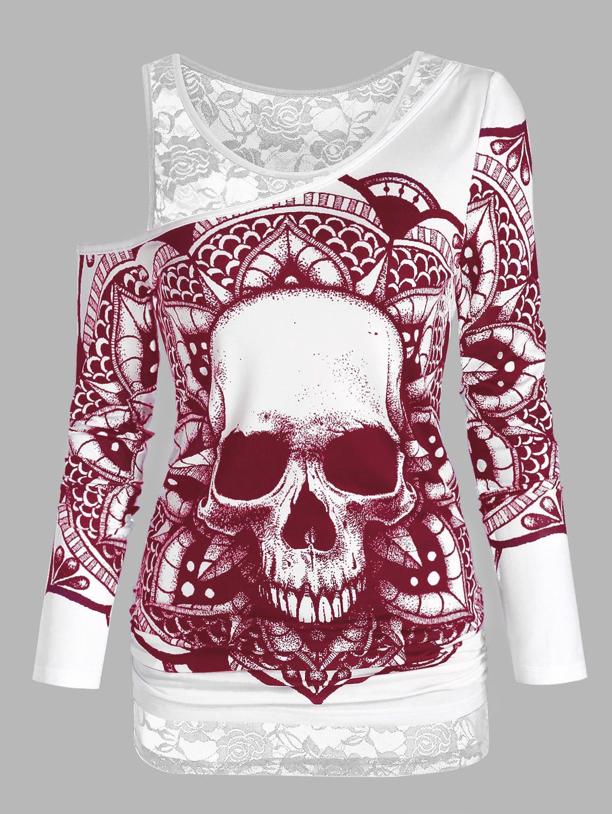 

Skull Graphic Cold Shoulder Two Piece T Shirt Sets, Red wine