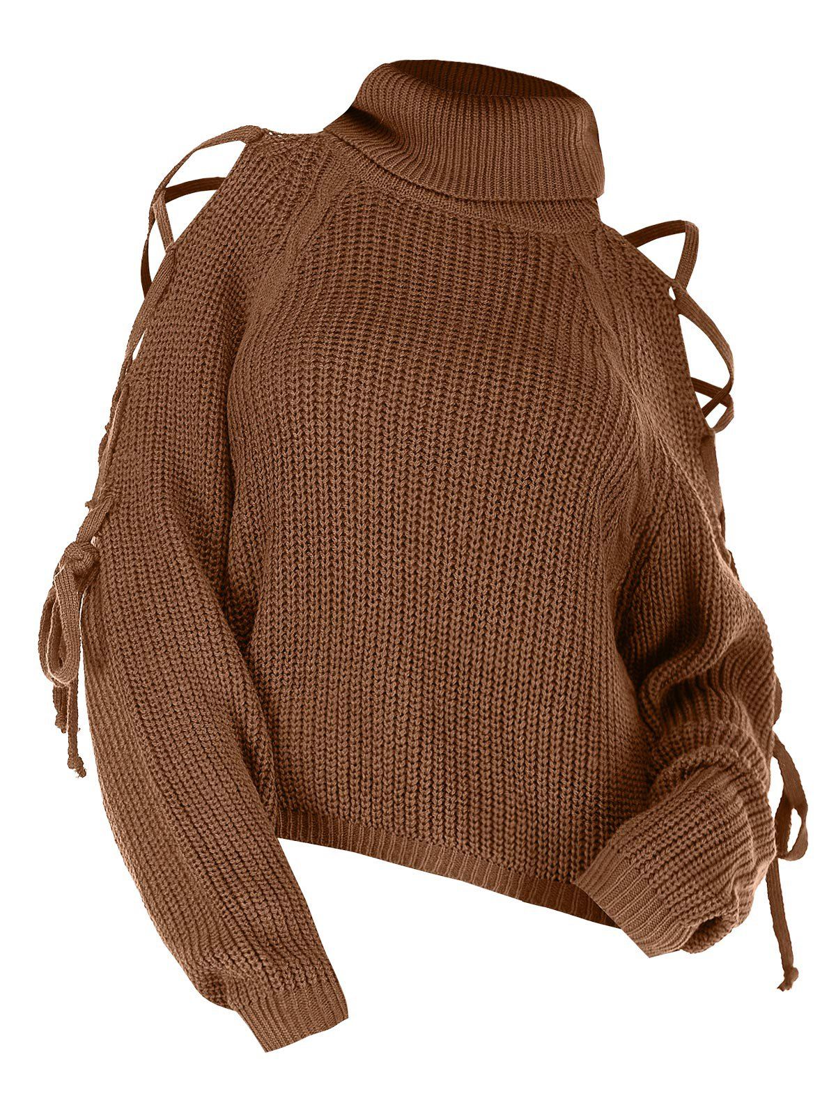

Lace Up Open Shoulder Turtleneck Raglan Sleeve Sweater, Coffee