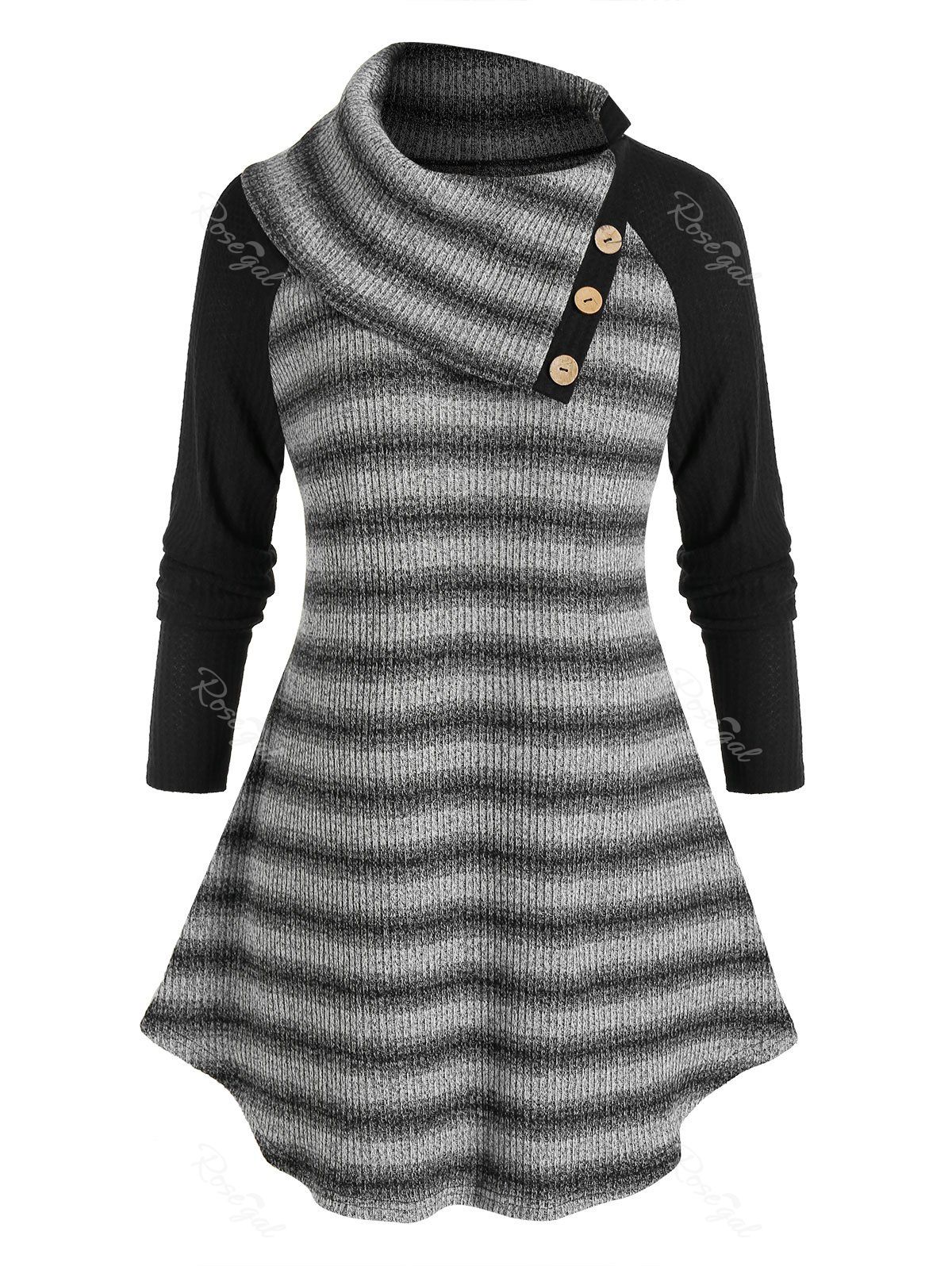 Online Plus Size Striped Raglan Sleeve Curved Hem Tunic Sweater  