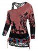 Halloween Cat Print Cinched Crew Neck T-shirt and Lace Tank Top -  