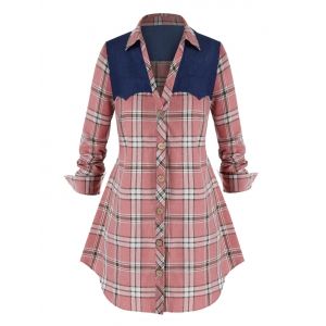 

Plus Size Plaid Denim Patch Curved Hem Shirt, Pink