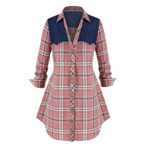 

Plus Size Plaid Denim Patch Curved Hem Shirt, Pink