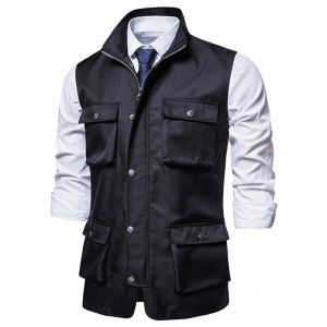 

Pockets Plain Stand Collar Vest, Black