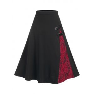 

Lace Panel Buckled A Line Midi Skirt, Black