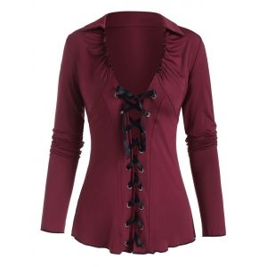 

Plunge Lace-up Lettuce Long Sleeve Tee, Deep red