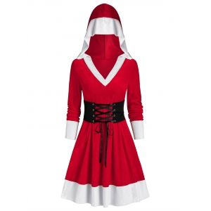 

Hooded Christmas Velvet Lace Up Dress, Red