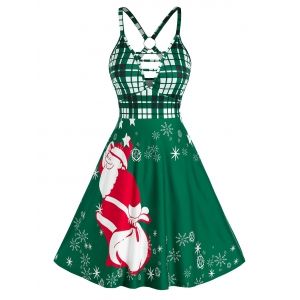 

Christmas Santa Claus Print O Ring Plunge Dress, Pine green
