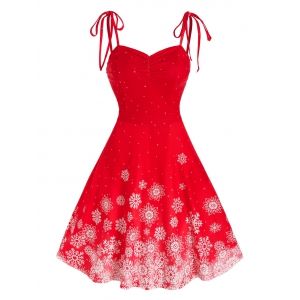 

Tie Shoulder Christmas Snowflake Print Dress, Red